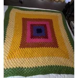 Vintage 70’s Afghan Crochet Blanket Throw Green Brown Orange Tan Beige 50X50